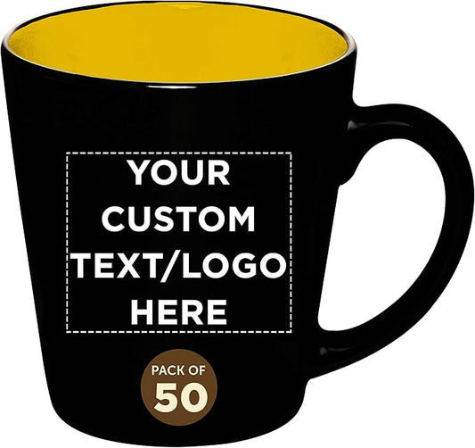 Custom Ceramic Coffee Latte Mugs 12 oz. Set of 50, Personalized Bulk Pack - Perfect for Coffee, Tea, Espresso, Hot Cocoa, Other Beverages - Yellow