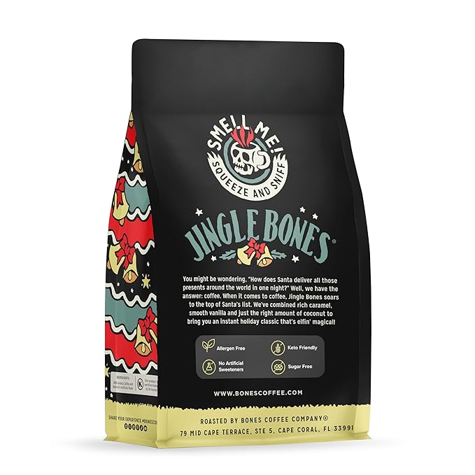 Bones Coffee Company Jingle Bones, Caramel Vanilla Coconut Flavored Coffee, Medium Roast Low Acid Arabica Beans Compatible with Auto drip and French Press Coffee Maker, 12 Oz Whole Bean