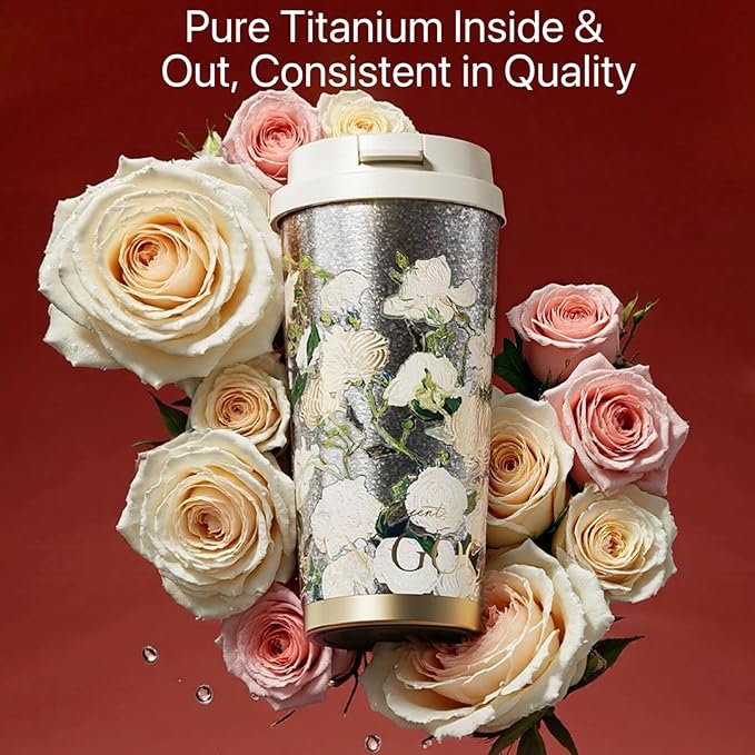 JWANGYUDG-100% Fully Titanium 17.5 oz Mug, 12-hour Thermal Insulation Coffee Mug, Artistic Travel Coffee Mug, Reusable Coffee Cup (White Roses)