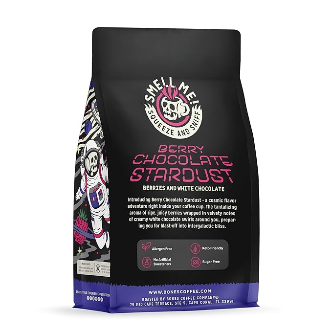 Bones Coffee Company Berry Chocolate Stardust, Berries and White Chocolate Flavored Coffee, Medium Roast Low Acid Arabica Beans For Auto drip and French Press Coffee Maker, 12 Oz Whole Bean