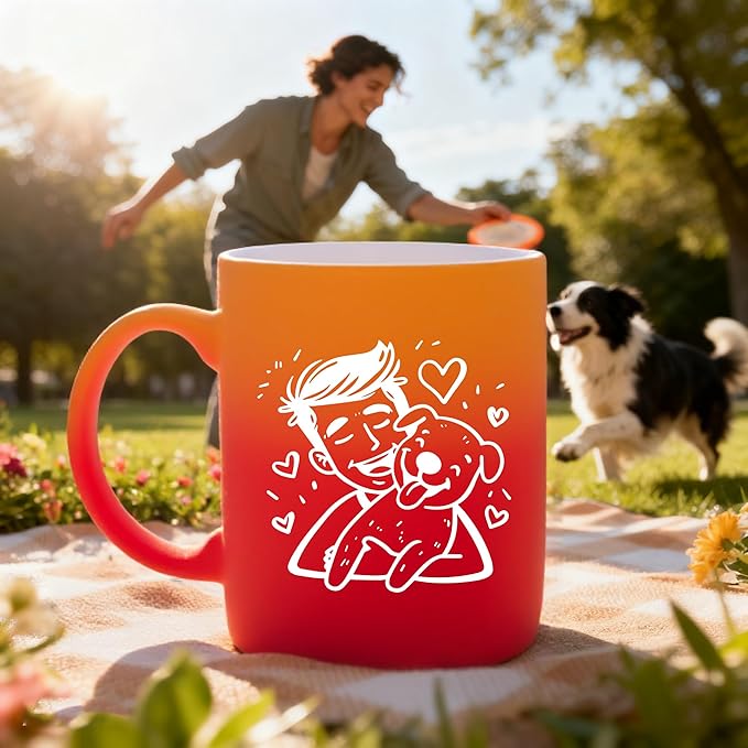 G MUGS Ceramic Coffee Tea Mug, Cute Boy & Dog Hug Design Mug (Solid Purple), Adorable Pet Lover Gift for Men Women,13oz Yellow And Pink Mug