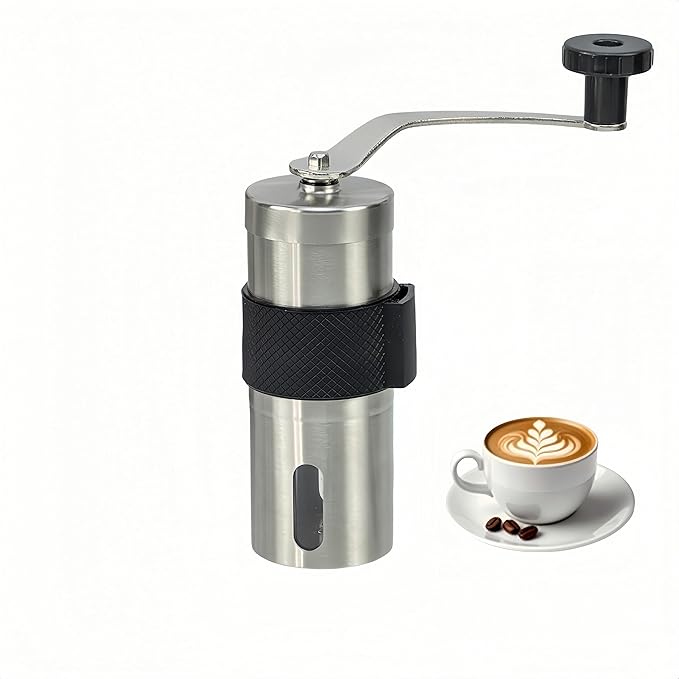 Stainless Steel Handheld Coffee Grinder Manual Coffee Mill Portable Compact Design Ceramic Burr Adjustable Coarseness Easy Clean for Home Office Travel Coffee Lovers (Silicone (Short))