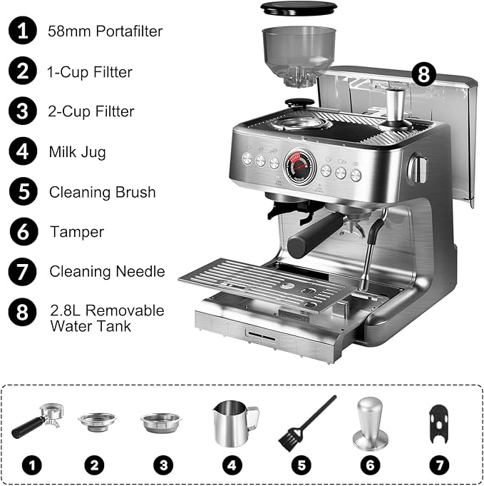 20 Bar Espresso Machine with Grinder & Milk Frother, Coffee and Espresso Maker Combo, All-in-One Espresso Coffee Machine for Cappuccino Latte, 30 Grind Settings, PID Control, 2.8L Removable Water Tank