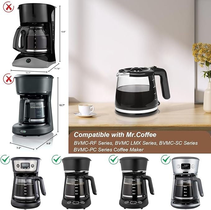 12 Cup Coffee Maker Replacement Pot Compatible with Mr. Coffee, 12 Cup Glass Replacement Coffee Carafe Replace Part# RF, LM, PC and SC Series