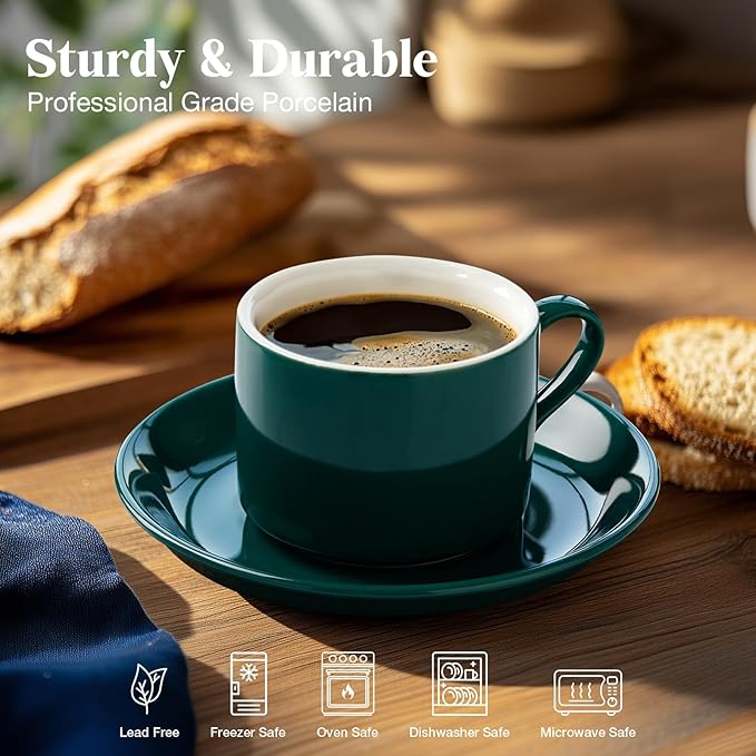 NWYSZ 5 Ounce Green Porcelain Stackable Espresso Cups with Stainless Steel Holder, Set of 4, Durable Ceramic, Perfect for Home, Office or Gift