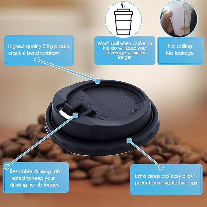 130 Disposable Paper Coffee Cups with Lids - 12 oz To Go Coffee Cups for Home, Office, Parties, Travel, Premium Paper Cups, includes Lids, Sleeves, Stirrers and Permanent Marker!