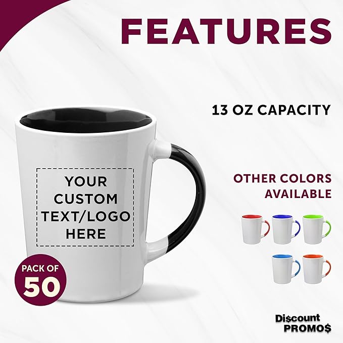 Custom Ceramic Latte Coffee Mugs by Albany 13 oz. Set of 50, Personalized Bulk Pack - Perfect for Coffee, Tea, Espresso, Hot Cocoa, Other Beverages - Black