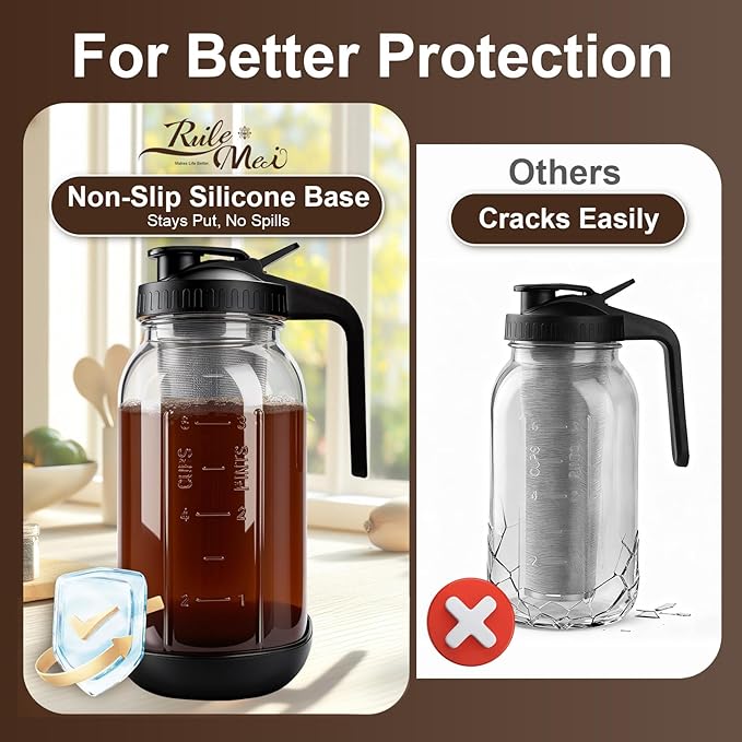 RuileMei Cold Brew Coffee Maker,2 Pcs 64 oz mason jar pour spout lid, coffee carafe,Refillable Stainless Steel Filter,Non-slip silicone sleeve for glass pitcher, Homemade Beverage