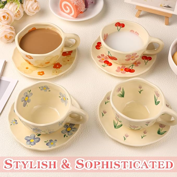 MAKCNMYM Cappuccino Cup with Saucers Set of 4 Ceramics Coffee Mugs 8 oz Latte Art Cup Vintage Aesthetic Flower Barista Cups for Americano, Tea, Espresso,Mocha, Milk - Microwave and Dishwasher Safe