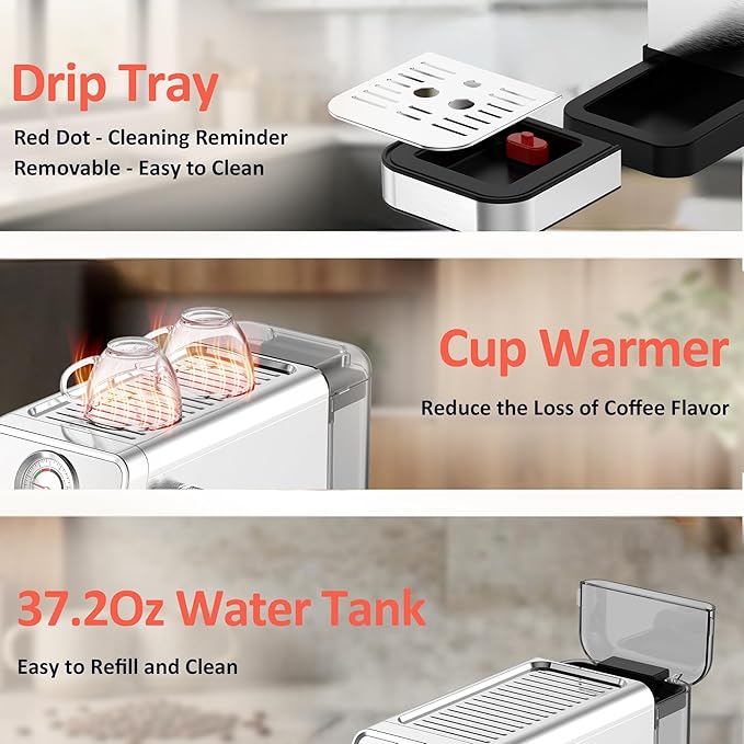 Professional Espresso Machine with Pressure Gauge, 20Bar Touchscreen Single Serve Coffee Maker, Stainless Steel, Milk Frother Wand, Cup Warmer for Home Barista