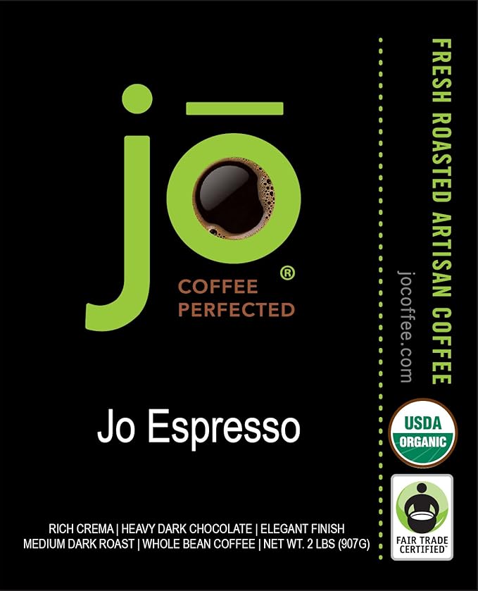 JO ESPRESSO: 2 lb, Organic Whole Espresso Beans, USDA Certified Organic, Gluten Free, NON-GMO, Fair Trade Certified, Perfect Rich Thick Crema, Medium/Dark Roast Whole Bean Coffee by Jo Coffee®