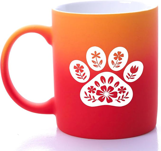 G MUGS Floral Dog Paw Ceramic Coffee Mug - 13oz Ceramic Tea Mug with Flower Decorated Paw Print Design,Gift for Pet Owners Women Men, Cute Dog Lover Red And Yellow Mug