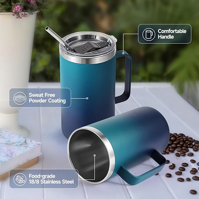 Volhoply 24oz Insulated Coffee Mug with Lid and Straw, Stainless Steel Travel Mugs with Handle, Double Wall Vacuum Leak Proof Coffee Tumbler Cup (Dark Night,1)