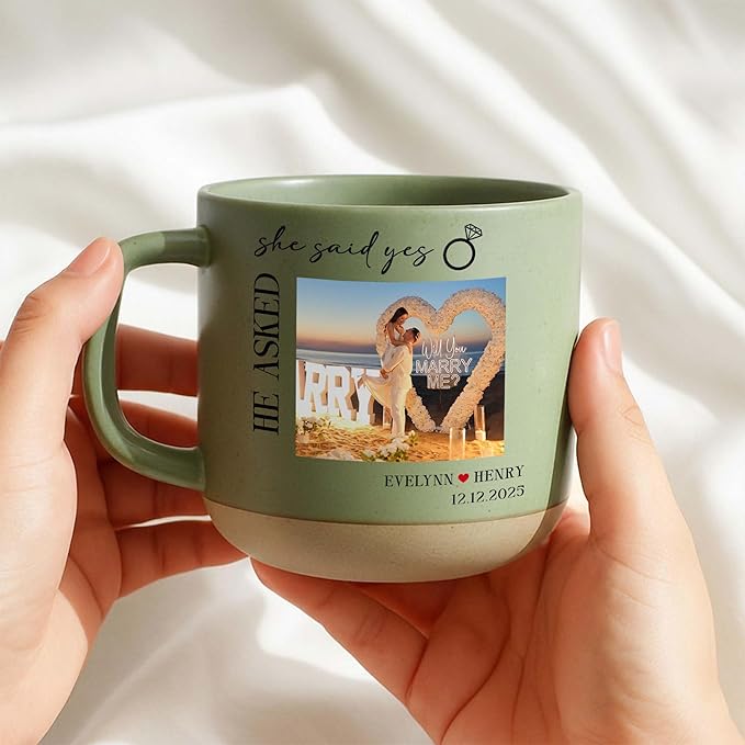 Personalized She Said Yes Engagement Photo Pottery Mug 12oz, Custom Couple Picture Mug with Names & Date, Wedding and Anniversary for Couple