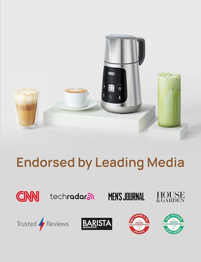DREO Milk Frother [Upgraded], All-in-1 Electric Foam Maker for Coffee, 15oz/450ml Automatic Foam Frother for Latte Art-level Microfoam, 30+ Drinks, Easy to Clean, Dishwasher Safe, LED display
