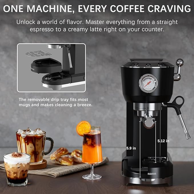 Espresso Machine with Powerful Steam Milk Frother, 20 Bar Coffee Machine for Latte, Cappuccino, Compact Espresso Maker for Home, Fast Heating, 42oz Removable Water Tank, Black