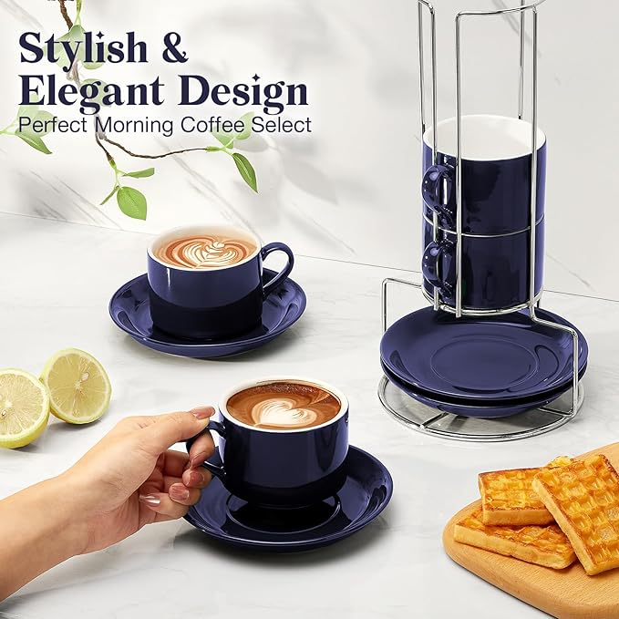 NWYSZ 8 Ounce Blue Porcelain Stackable Cappuccino Cups with Stainless Steel Holder, Set of 4, Durable Ceramic, Perfect for Home, Office or Gift