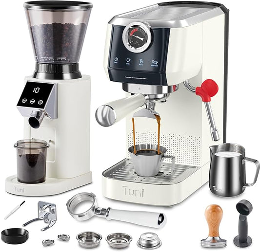 Tuni E2 58mm Espresso Machine with G1 Ivory Conical Coffee Grinder and Bottomless Portafilter Combo Set, 20Bar Dual Boiler Espresso Maker Kit