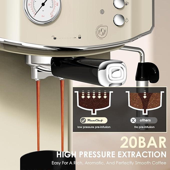 20 Bar Vintage Style Espresso Machine Coffee Maker with Milk Frother, ESE Pod Compatible Coffee Machine, Pressure Gauge, 54 oz PP Removable Water Tank, Ideal for Home Barista,Griege