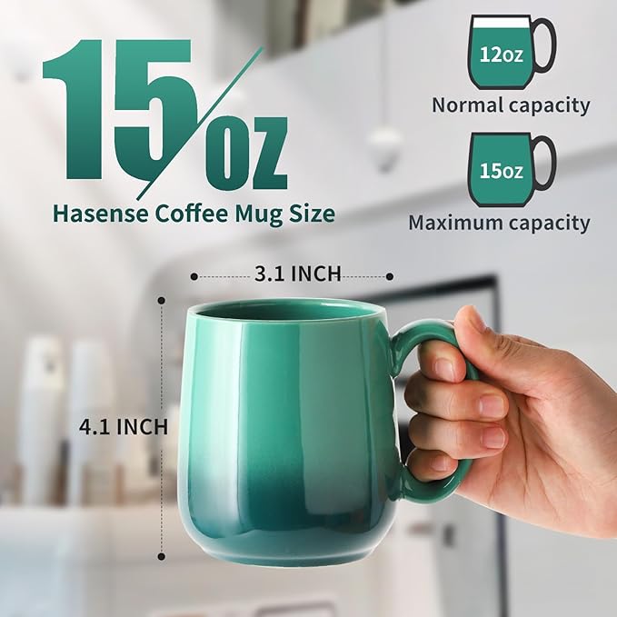 HASENSE Ceramic Coffee Mugs Set of 4,15oz Large Mugs Set for Home and Office, Microwave & Dishwasher Safe, Coffee Cups for Coffee Tea Mike, Gradient Green