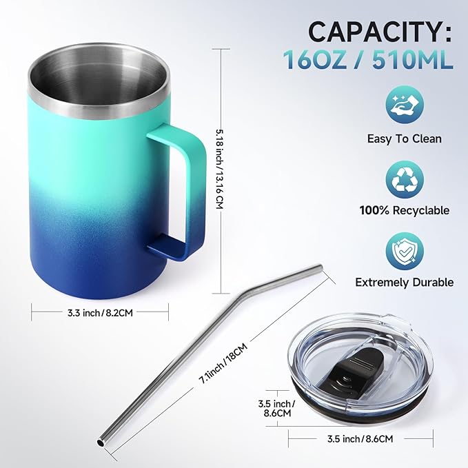 Volhoply 16oz Insulated Coffee Mug with Lid and Straw, Stainless Steel Travel Mugs with Handle, Double Wall Vacuum Leak Proof Coffee Tumbler Cup (Green Blue,1)