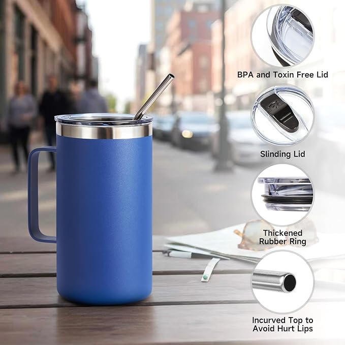 Volhoply 24oz Insulated Coffee Mug with Lid and Straw, Stainless Steel Travel Mugs with Handle, Double Wall Vacuum Leak Proof Coffee Tumbler Cup (Blue,1)