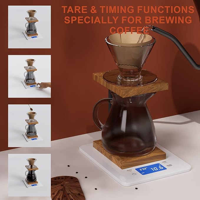 MEGAWISE High Precision Coffee Scale with Timer, Dual Power Supply, Waterproof Tempered Glass, 5 Weighing Modes, Professional Coffee Brewing Timer