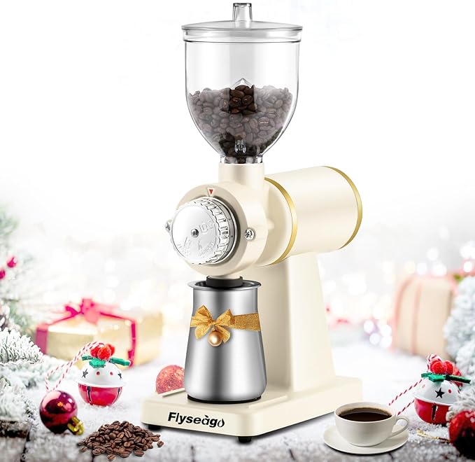 Electric Coffee Grinder Burr Espresso Coffee Bean Grinder Small Automatic Stainless Steel Coffee Mill With Brush, Creamy White