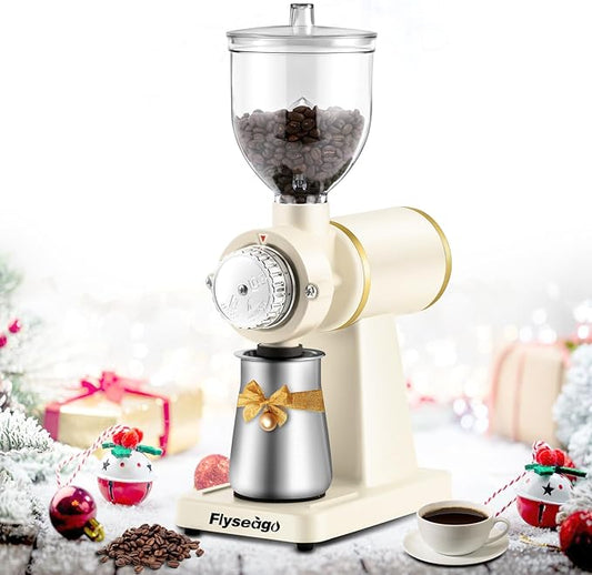 Electric Coffee Grinder Burr Espresso Coffee Bean Grinder Small Automatic Stainless Steel Coffee Mill With Brush, Creamy White