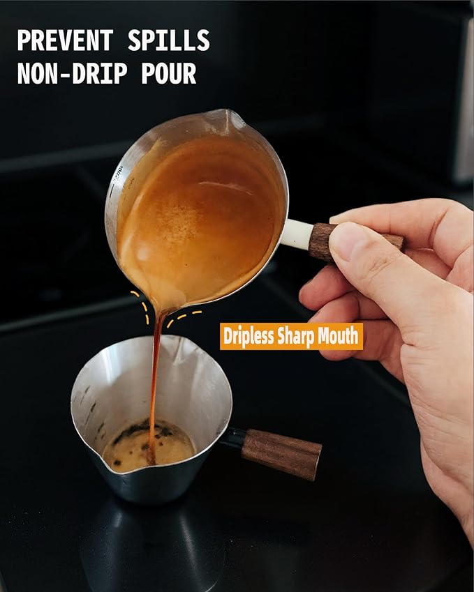 Espresso Cups - 4OZ Espresso Shot Cup with Wooden Handle -Measuring Cup with Double Spouts - Coffee Bar Accessories, Bright Silver（2 Pcs）
