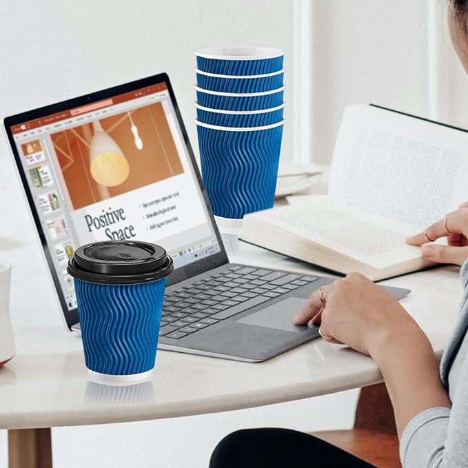 100 Pack Coffee Cups with Lids 8 oz, Disposable Insulated Ripple Wall To Go Paper Coffee Cups for Hot/Cold Drinks Office Home Shop Event (Navy)