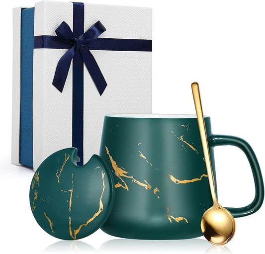 POEKLSYNM Marble-Patterned Ceramic Mug With Lid And Steel Spoon, Making It The For Women, Wives, Mothers, Friends, Mother'S Day, Valentine'S Christmas(Green14oz)