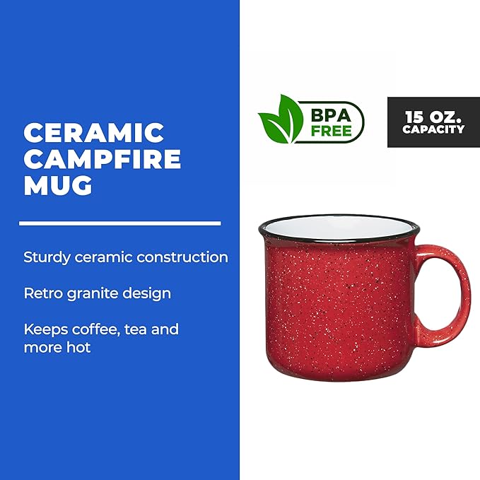 Gifts by Design Set of 8 Ceramic Campfire Mugs – 15 Oz, Red – Coffee & Tea Cups for Home, Work, Travel, Camping – Customizable, Great for DIY, Events, Companies