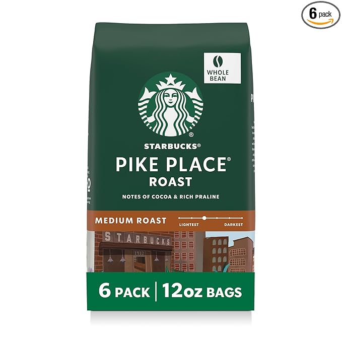 Starbucks Whole Coffee Beans, Medium Roast Hot or Iced Coffee, Pike Place Roast, Six 12 oz Bags