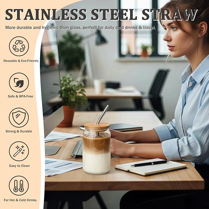 12 Packs Ribbed Glass Tumbler with Lid and Straw 16 oz Cute Ice Coffee Cup Set Bulk Vasos de Vidrio Con Tazas Para Cafe Cocina Accesorios Home Bar Accessories New Home House Warming Gift Kitchen Stuff
