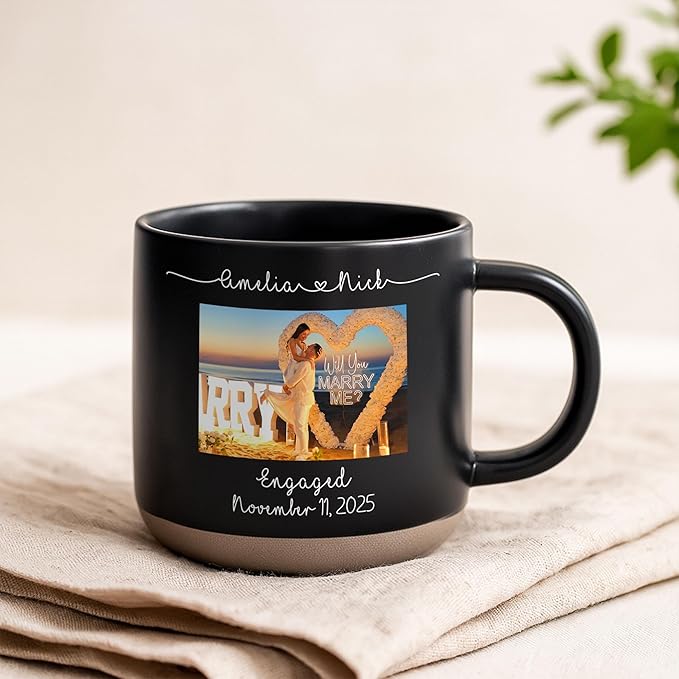 Personalized Engagement Photo Pottery Mug 12oz, Custom Couple Picture Mug with Names & Date, Wedding and Anniversary for Couple