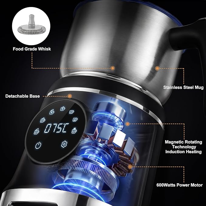 VIPDIGI 7-IN-1 Milk Frother, 20.3 OZ Milk Frother and Steamer with Temperature Control Stainless Steel Electric Milk Frother Dishwasher Safe Hot and Cold Foam for Latte Hot Chocolate Cocoa (Black)