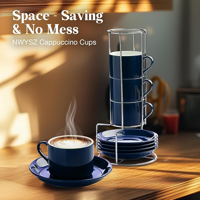 NWYSZ 5 Ounce Blue Porcelain Stackable Espresso Cups with Stainless Steel Holder, Set of 4, Durable Ceramic, Perfect for Home, Office or Gift