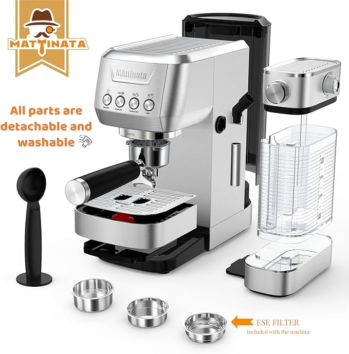 MAttinata Cappuccino Machine 20 Bar, Professional Espresso Machines for Home and Office with Automatic Milk Frothering System, Barista Compact Latte Maker for Coffee Lovers, Stainless Steel-Mattino