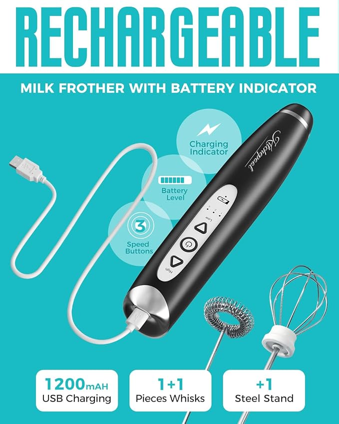 Kitchepool Rechargeable Milk Frother Wand with Stand for Coffee, Electric Whisk with 3 Speed Adjustable, Drink Mixer Handheld for Lattes, Cappuccino, Hot Chocolate, Egg, Dark Black
