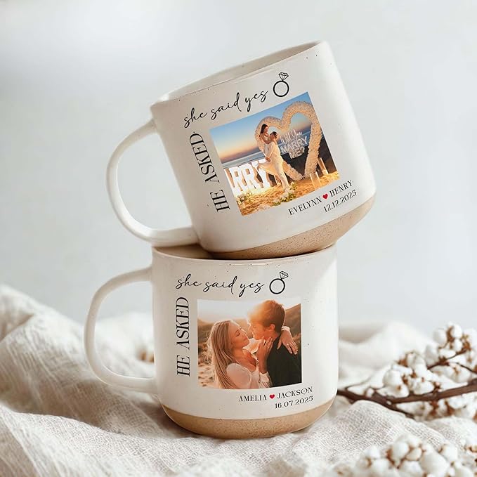 Personalized She Said Yes Engagement Photo Pottery Mug 12oz, Custom Couple Picture Mug with Names & Date, Wedding and Anniversary for Couple