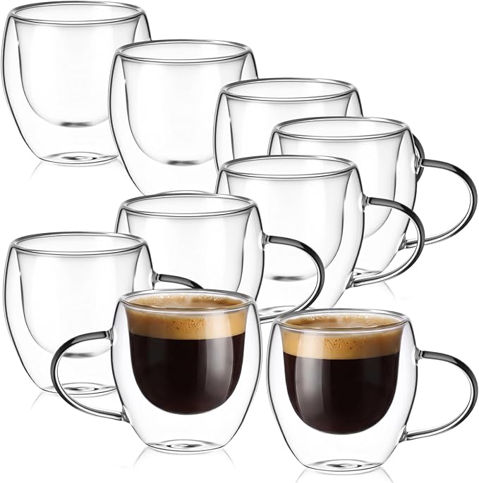 Espresso Cups Set of 8 Double Wall 5oz Hand Blown Glass Coffee Mugs Clear Insulated Glass Coffee Shots Cups with Handle for Espresso Machine, Cappuccino, Latte, Tea