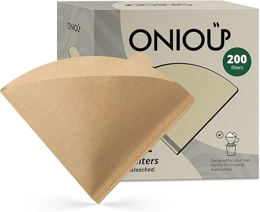V60 Coffee Filters 02, ONIOU Unbleached Size 02 Cone Coffee Filters, 200 Count Natural Brown Pour Over Paper Filters for Hario V60 & Others 1–4 Cup Coffee Dripper - Package May Vary