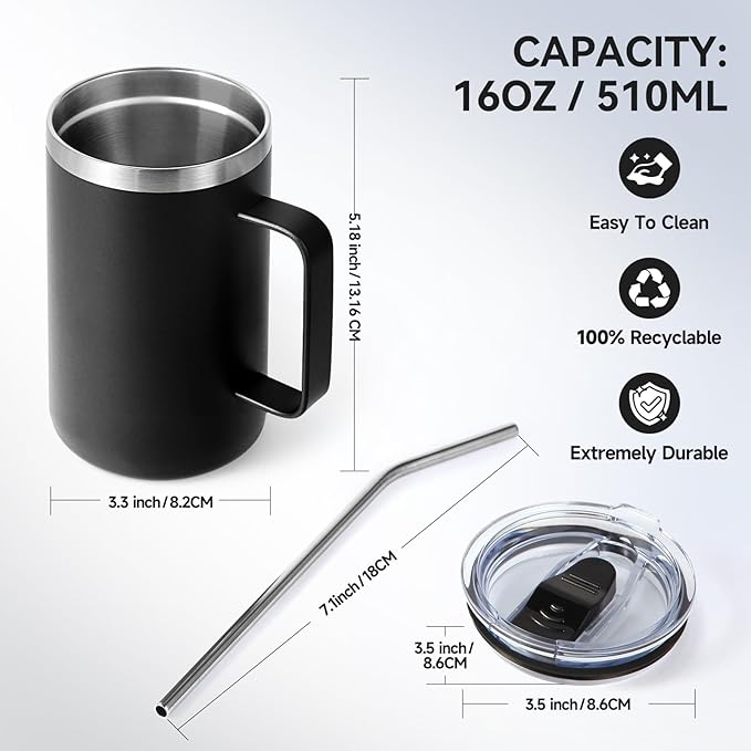 Volhoply 16oz Insulated Coffee Mug with Lid and Straw, Stainless Steel Travel Mugs with Handle, Double Wall Vacuum Leak Proof Coffee Tumbler Cup (Black,1)
