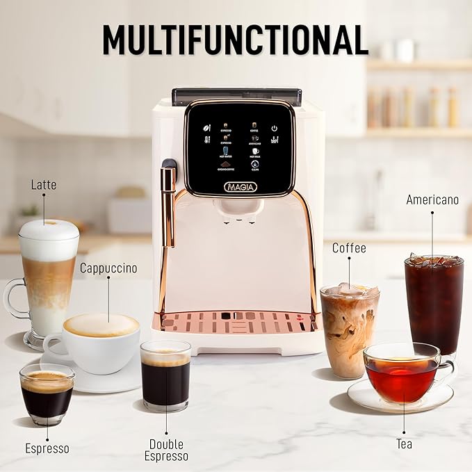 Zulay Kitchen Magia Clasica - Fully Automatic Espresso Machine With Grinder - Touch Screen Coffee Maker With One-Touch Operation - Milk Foam System For Latte, Cappuccino, Macchiato - Cream Copper