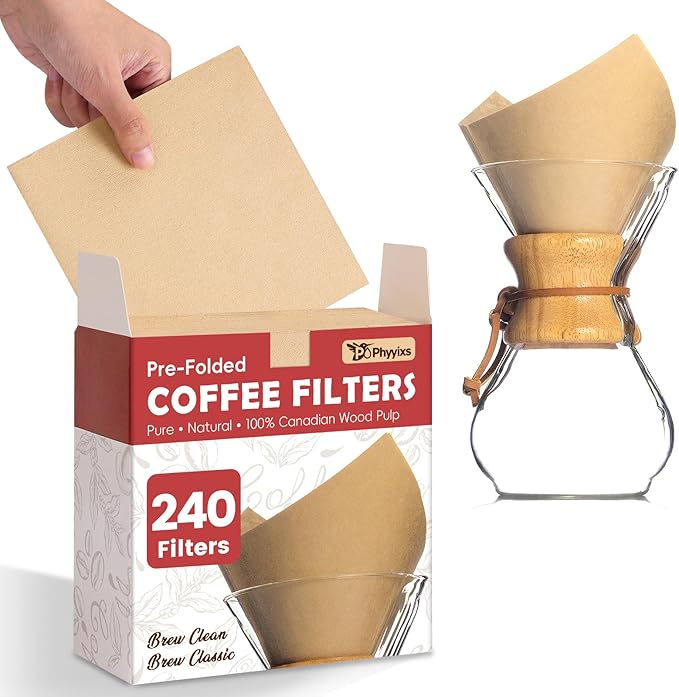 Pre-Folded Unbleached Cone Coffee Filters – Premium Canadian-Imported Thick Paper, Compatible with Chemex Pour-Over Brewers(240 Filters)