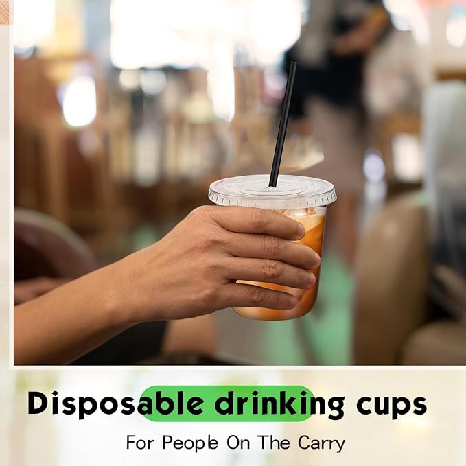 100 Set 12 oz Clear Plastic Cups with Lids and Straws, Disposable Iced Coffee PET Cups for Drinking Cold Beverage Juice Parfait Smoothie Milkshake Coffee Shops Party Supplies