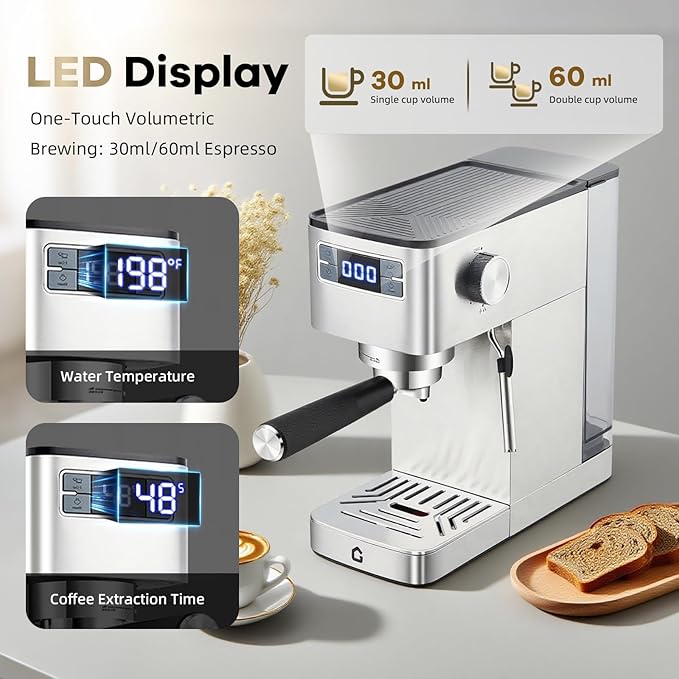 GarveeHome Compact 20 Bar Espresso Machine–Stainless Steel, Steam Milk Frother, Removable Tank for Cappuccino/Latte,(Silver)