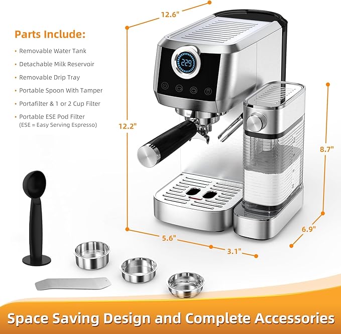 MAttinata Cappuccino Coffee Machine, Espresso Machine Touchscreen Control with Auto Milk Frother, Stainless Steel Espresso Maker 20 Bar, Latte Coffee Maker with for Home, Office with Timer