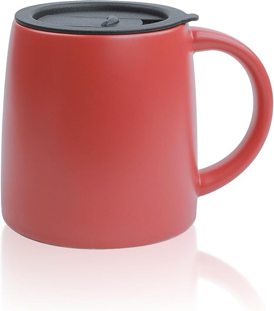 LINVIA Classic Mug, 14 oz Large Coffee Mug with Handle, Ceramic Porcelain Tea Cup, Smooth Matte (Sliding Lid, Red)
